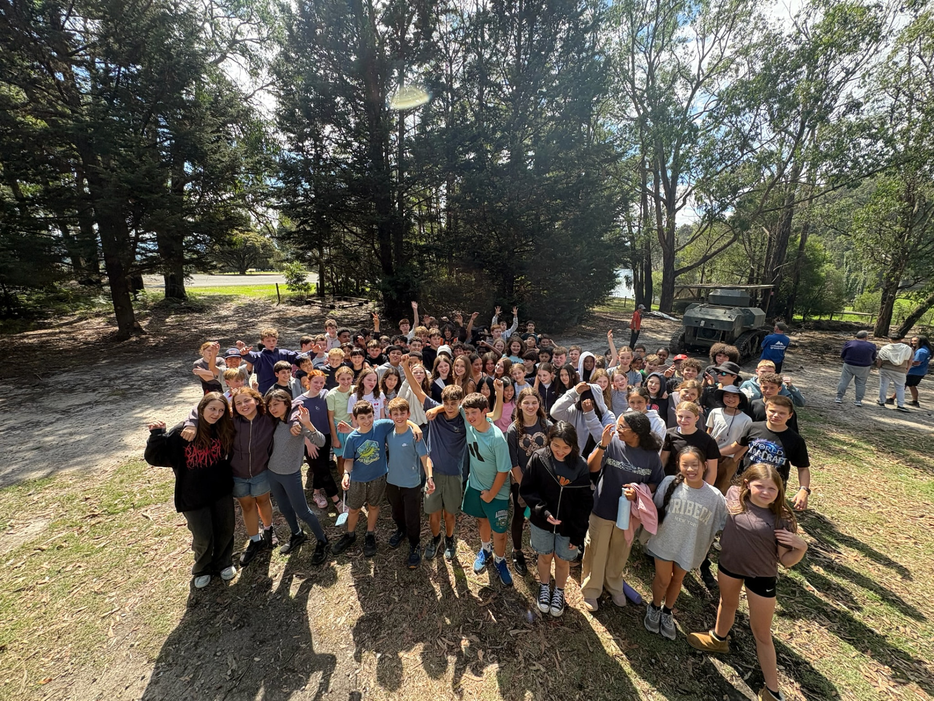 Group of students smiling together at The Summit school camp in Gippsland, Victoria